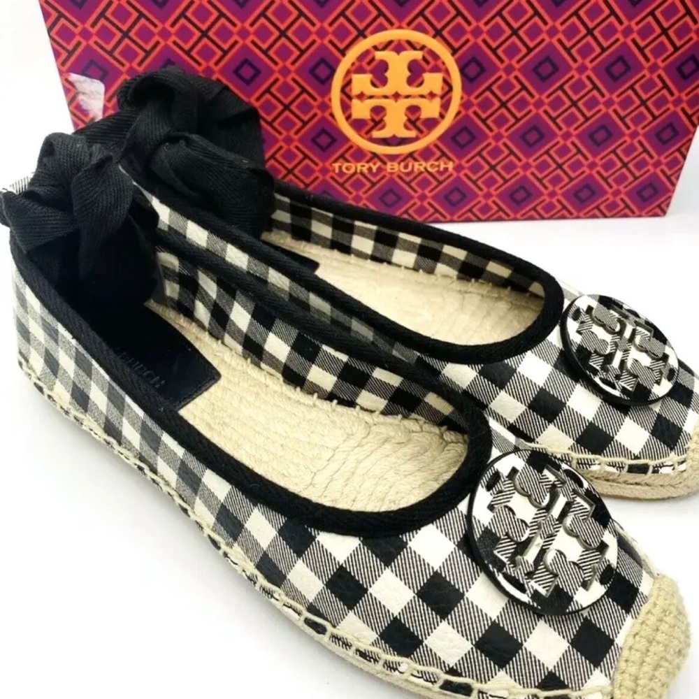 Tory Burch (82969) Minnie Plaid Print Leather Ballet Flat Espadrilles Size 8.5